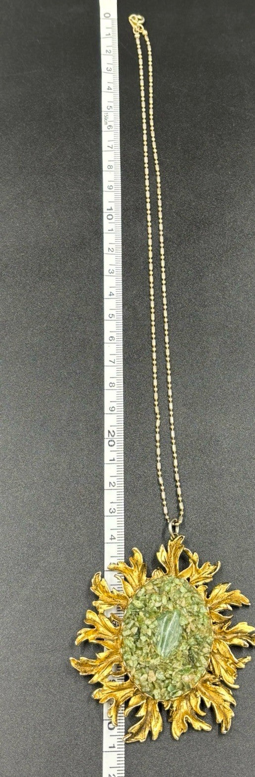 Vintage Sunburst Pendant Necklace Crushed Green Stone 18K Gold Filled Chain
