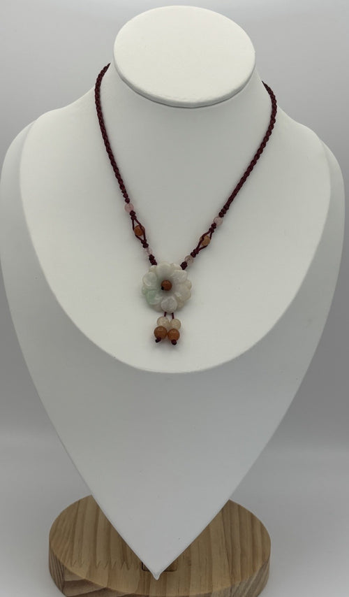 Genuine jadeite carved flower pendant necklace natural green red cord beads