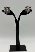 Vintage Monet Floral Clip On Earrings Silver Tone Abalone Blue Glass Signed