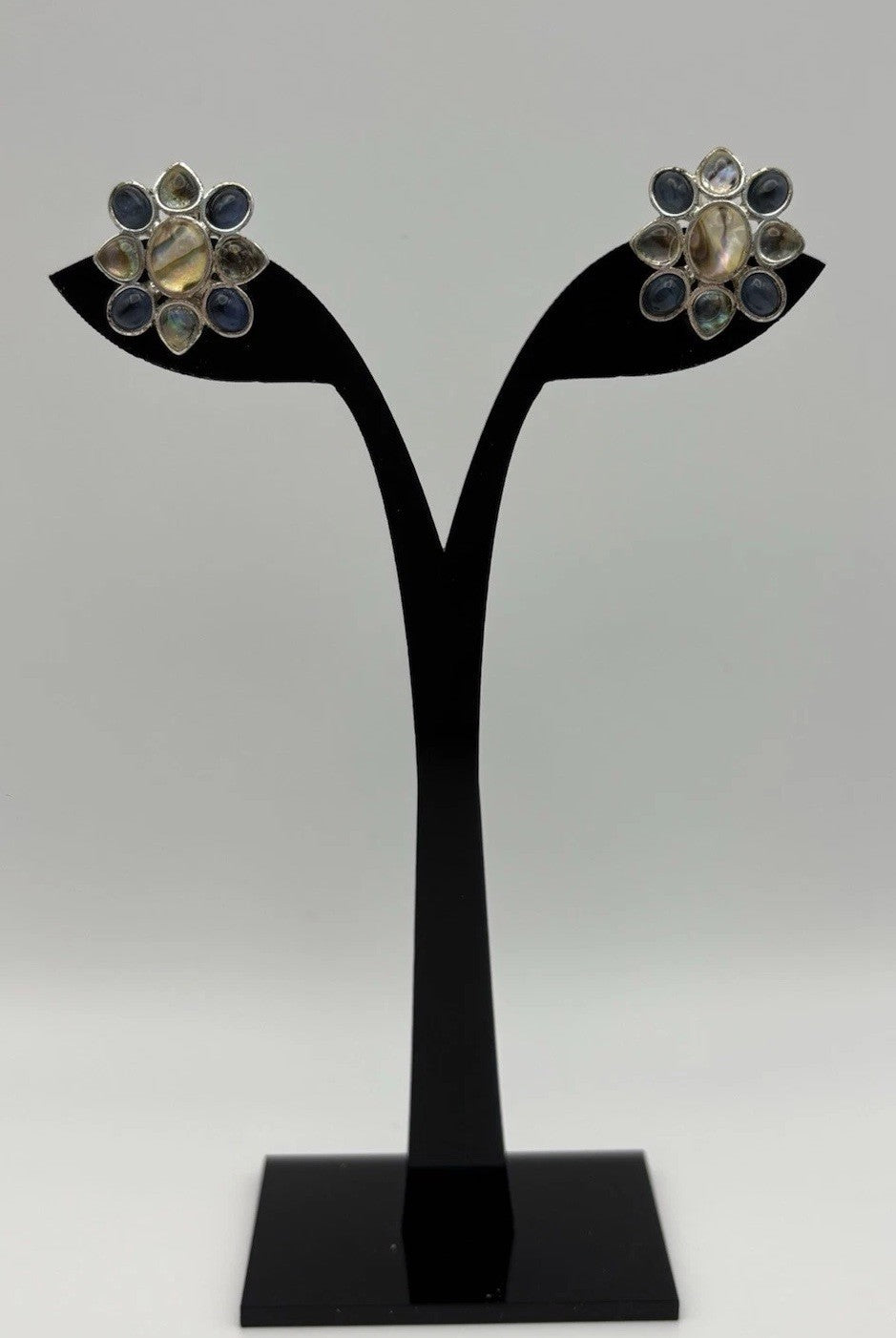 Vintage Monet Floral Clip On Earrings Silver Tone Abalone Blue Glass Signed