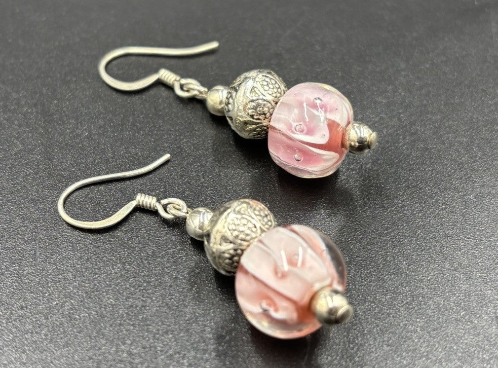 Vintage Pink Lampwork Glass Earrings Silver Tone Filigree Bead Drop