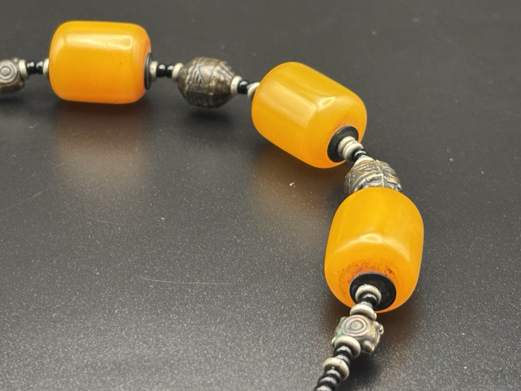 Vintage Butterscotch Bakelite Bead Necklace Bronze Accents
