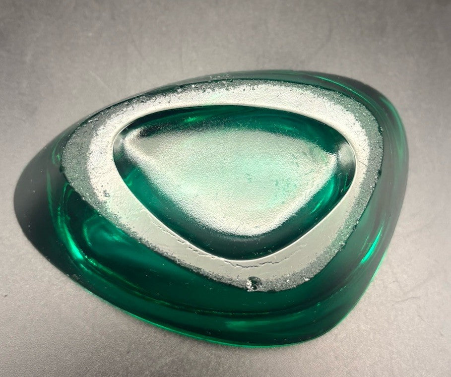 Vintage Emerald Green Art Glass Ashtray Dish Mid Century Modern Heavy