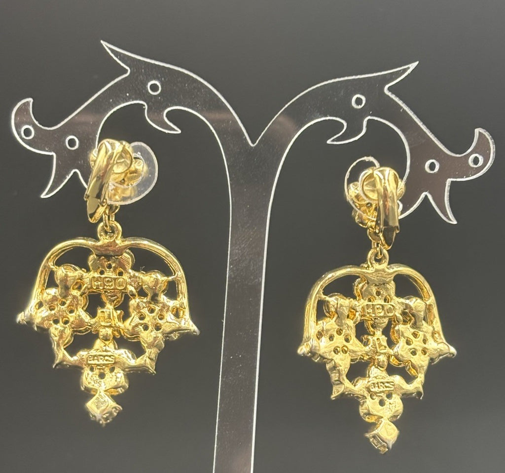 Vintage Barcs Clip On Earrings Gold Tone Chandelier Floral Rhinestone Sparkle