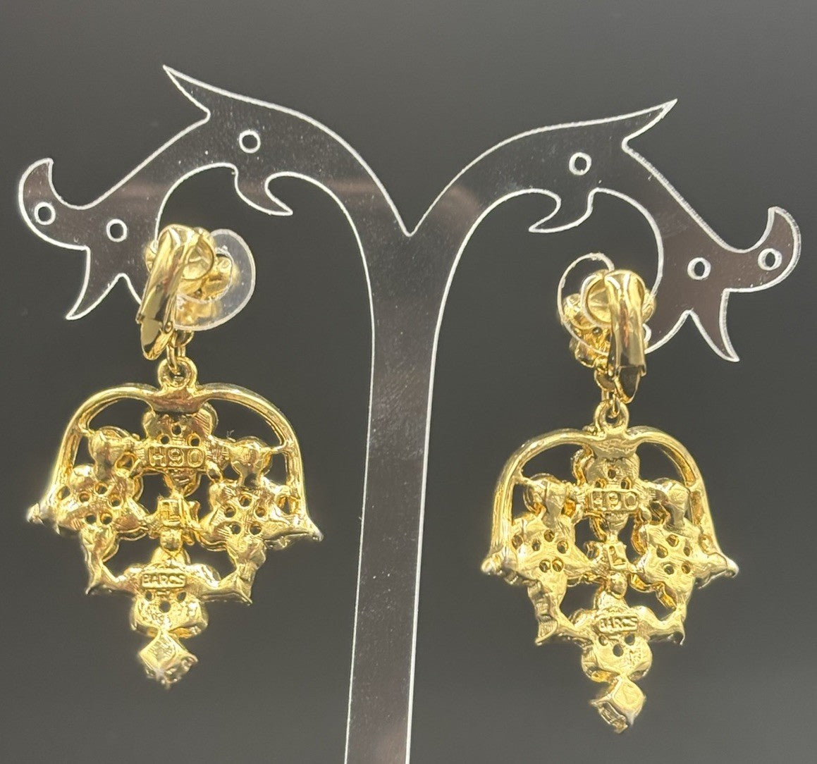 Vintage Barcs Clip On Earrings Gold Tone Chandelier Floral Rhinestone Sparkle