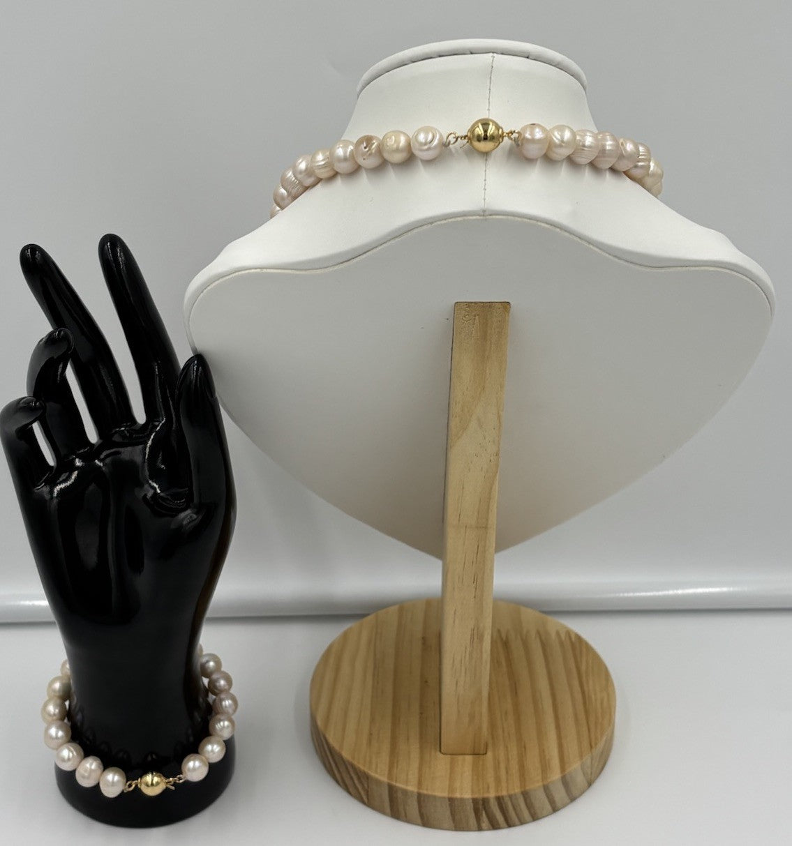 Freshwater Pearl Necklace Bracelet Set 10mm Pink Cream High Lustre
