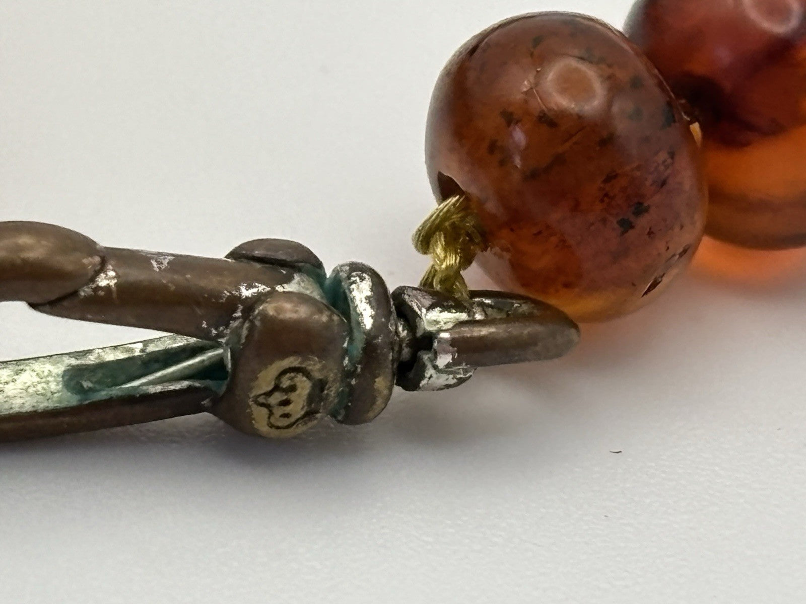 Vintage Amber Bead Bracelet Carved Jade Centerpiece Mid Century Retro