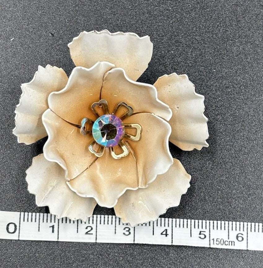 Vintage Blush Peach White Enamel Layered Metal Flower Brooch AB Rhinestone