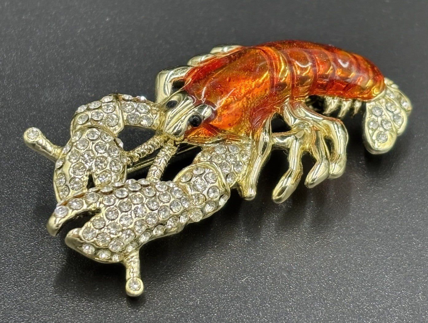 Danecraft Lobster Brooch Orange Enamel Pave Crystal Vintage Sea Life Pin