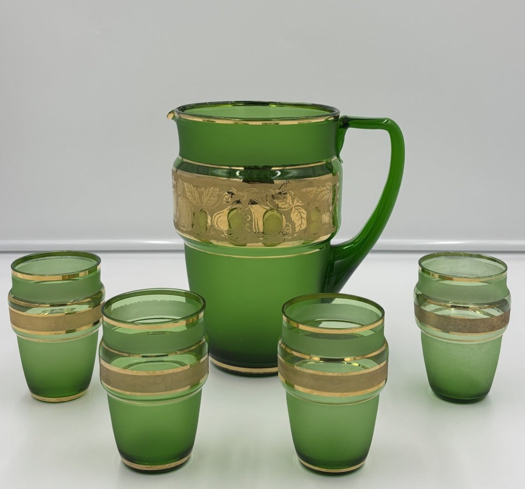 Vintage 1950s Bohemian Green Glass Pitcher & Tumbler Set Gold Fruit Band 5pc