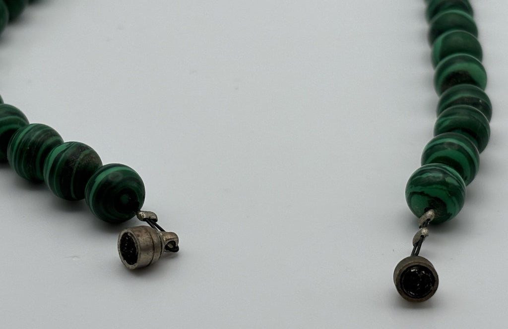 Vintage Malachite Bead Necklace with Carved Jade Dragon Pendant & Accents