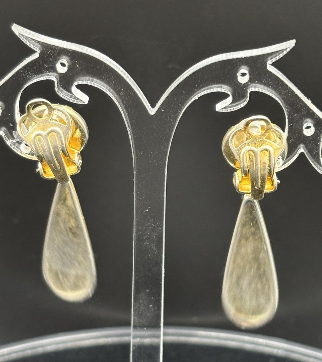 1970s spanish damascene gold and black floral bird dangle clip on earrings