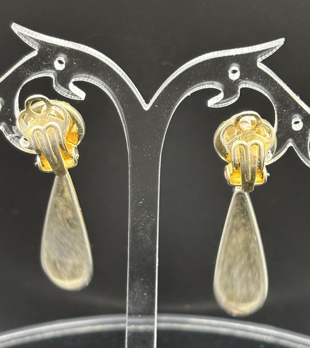 1970s spanish damascene gold and black floral bird dangle clip on earrings