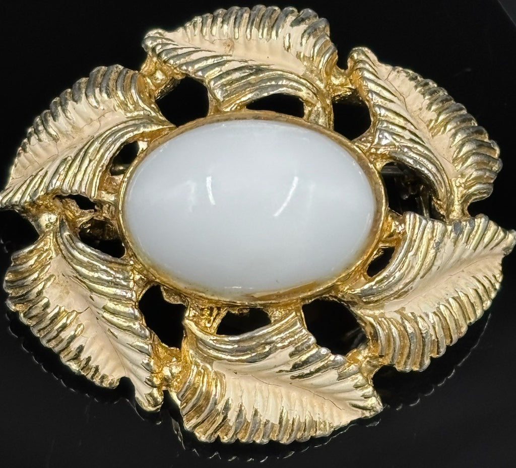 Vintage Aurora Regd Signed Oval Milk White Gold Plated Leaf Brooch Pendant