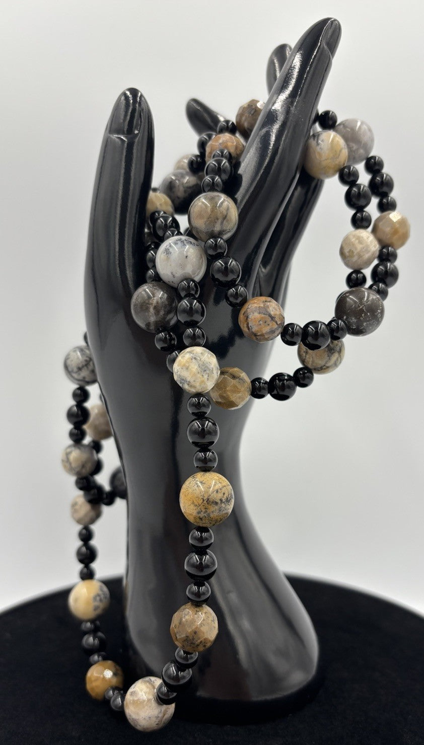 Vintage Picasso Jasper Gemstone Necklace Long Natural Stone With Black Beads