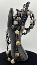 Vintage Picasso Jasper Gemstone Necklace Long Natural Stone With Black Beads