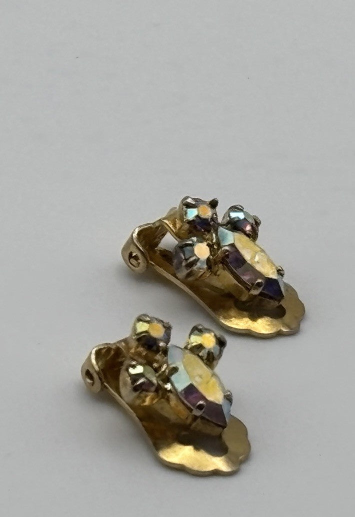 Vintage Unsigned Ice Blue Aurora Borealis Rhinestone Clip Earrings Mid Century