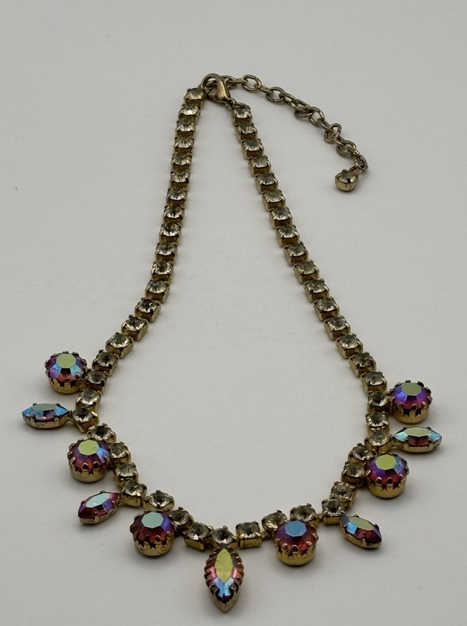Vintage 1950s Aurora Borealis Rhinestone Choker Necklace Gold Tone Crystal Drops