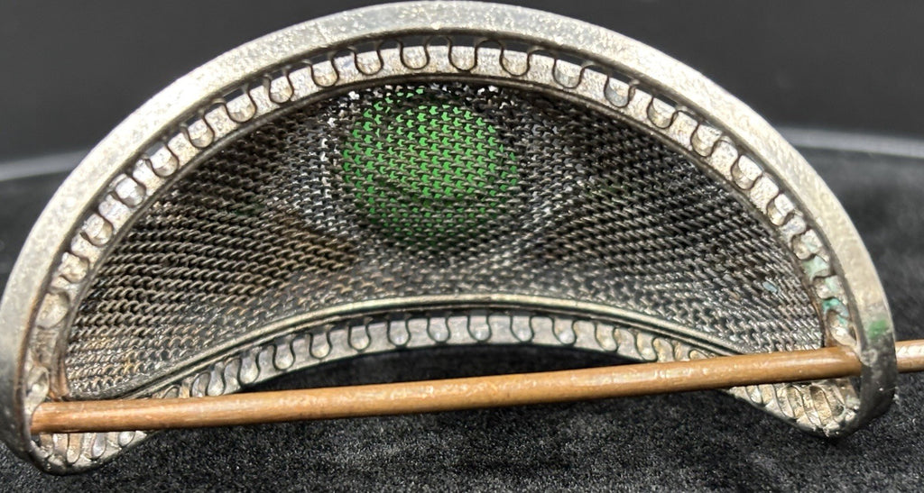 Vintage Chinese Filigree Enamel Hairpin Green Peking Glass Cabochon Beads