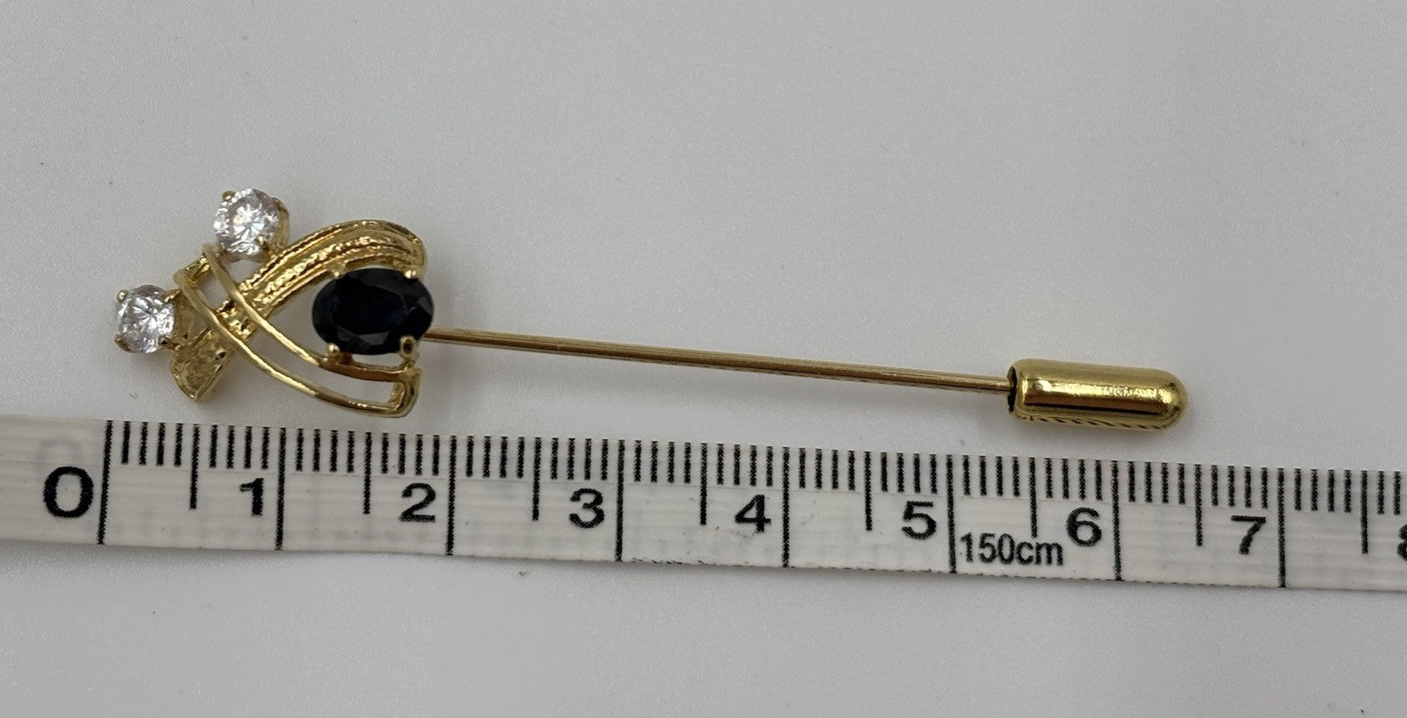 Vintage Gold Tone Stick Pin with Onyx & Clear Rhinestone Lapel Brooch