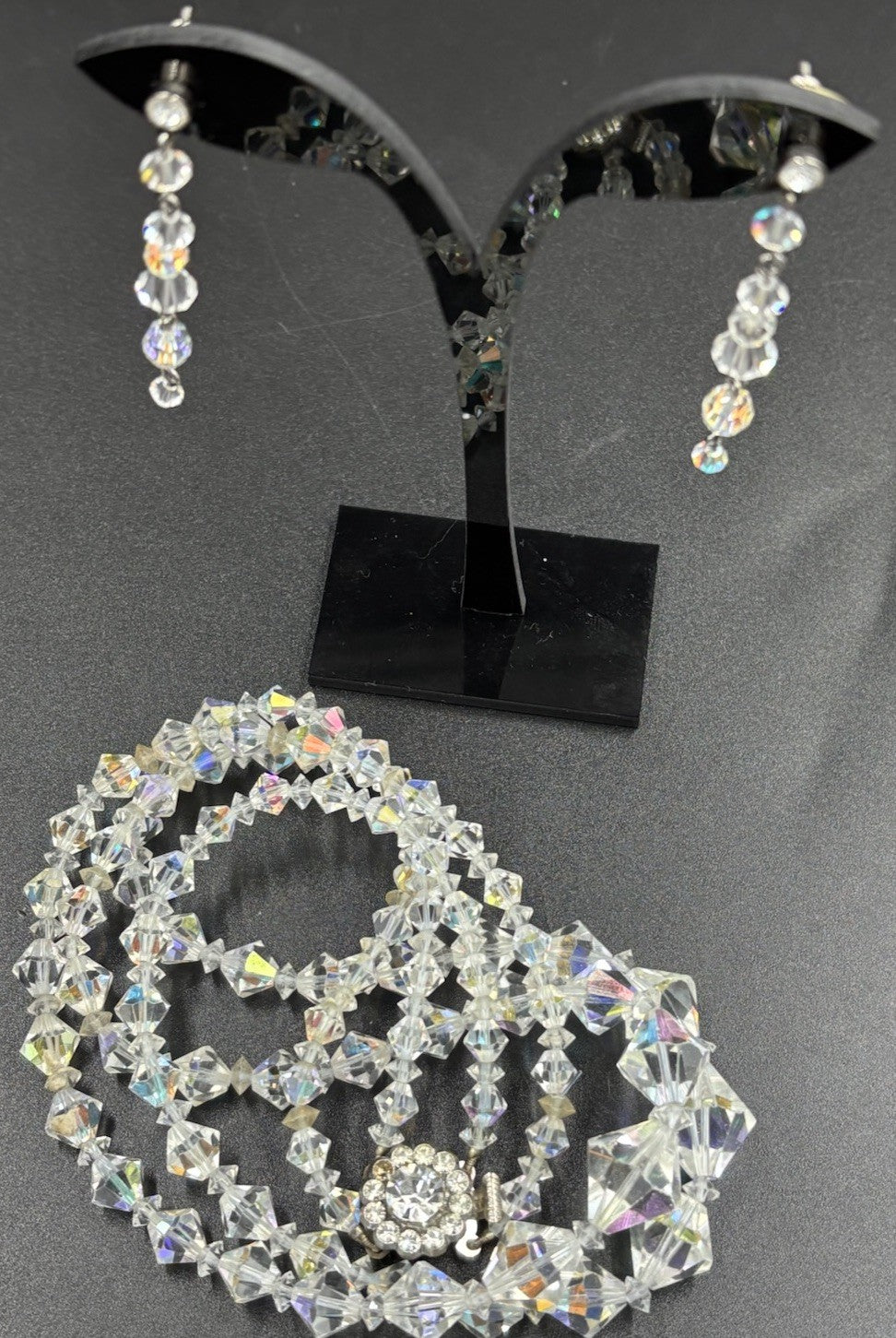 Vtg Double Strand Sparkling Aurora Borealis AB Glass Crystal Necklace & Earrings