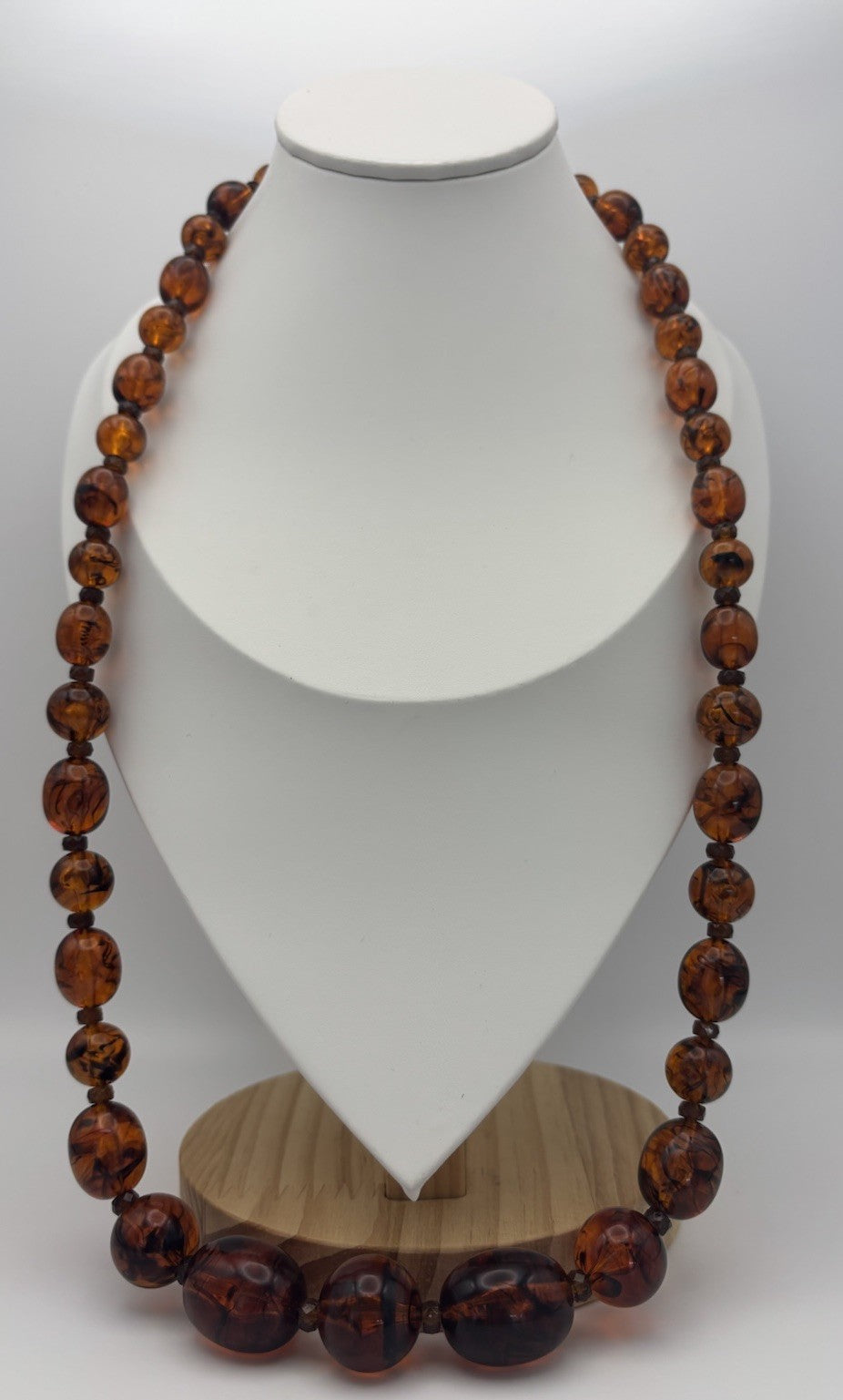 Vintage Lucite Faux Amber Bead Necklace 76cm Mid Century Swirled Resin Jewelry