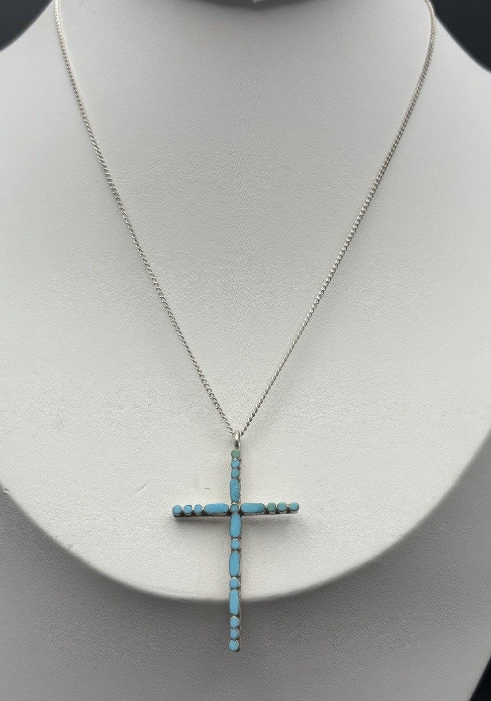 Vintage Sterling Silver Turquoise Inlay Cross Necklace 925 Chain
