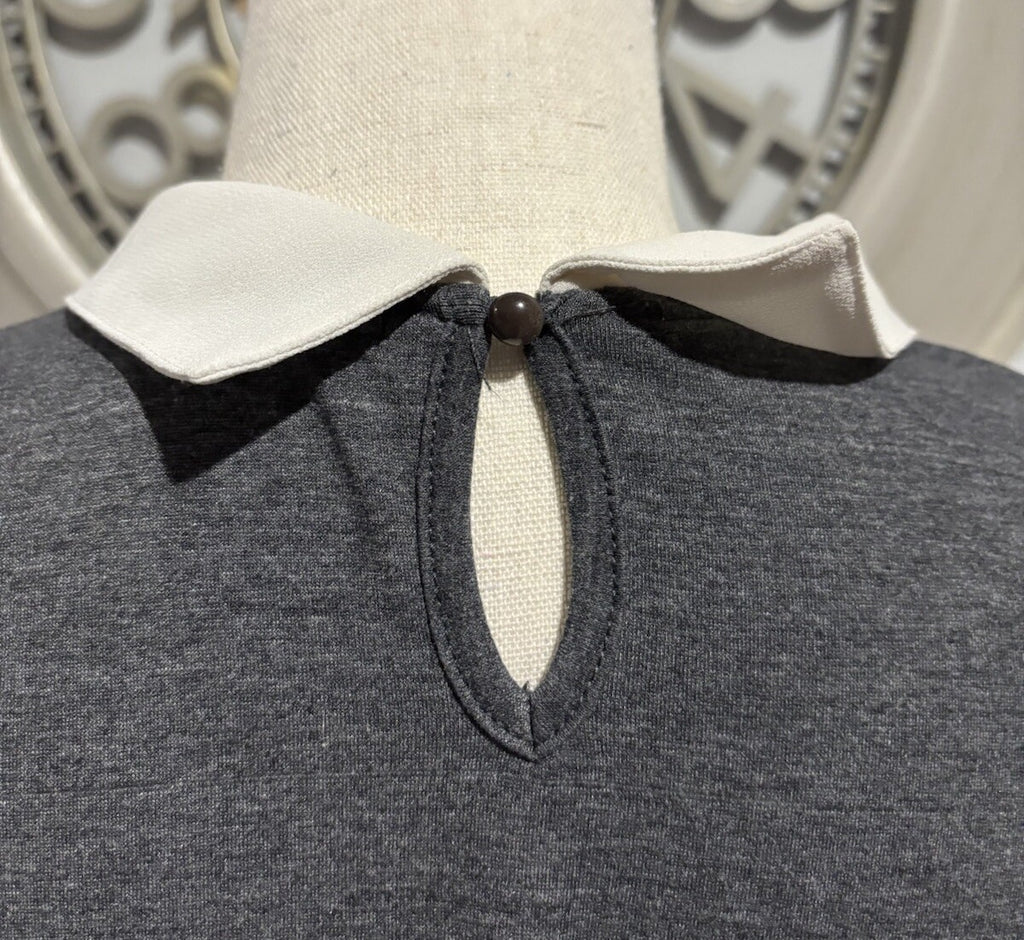 Valley Girl Grey Top White Peter Pan Collar Long Sleeve Blouse Size 10