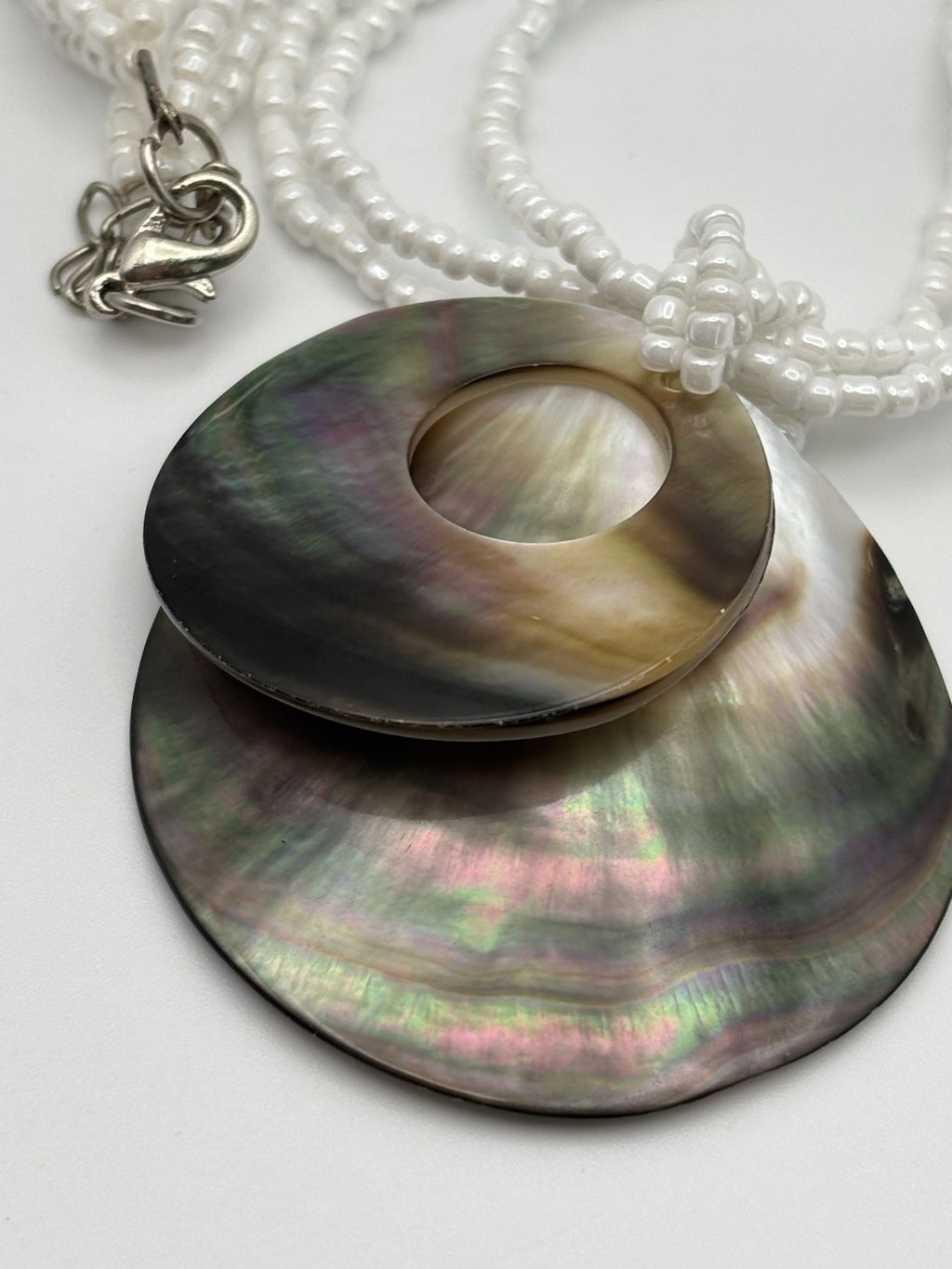 Mother of Pearl Shell Pendant Necklace – White Beaded Multi Strand