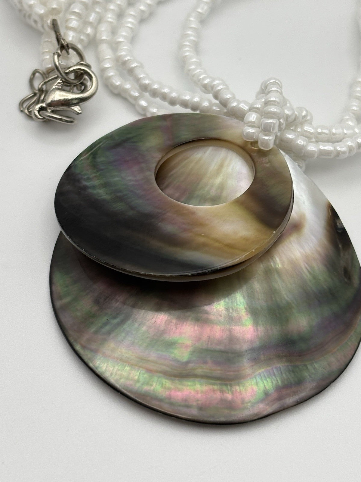 Mother of Pearl Shell Pendant Necklace – White Beaded Multi Strand