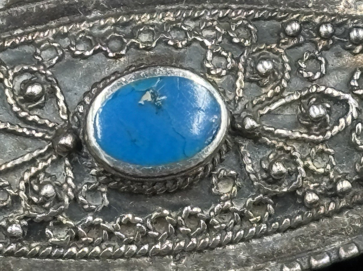 Antique 1920s Sterling Silver Turquoise Filigree Brooch Pin