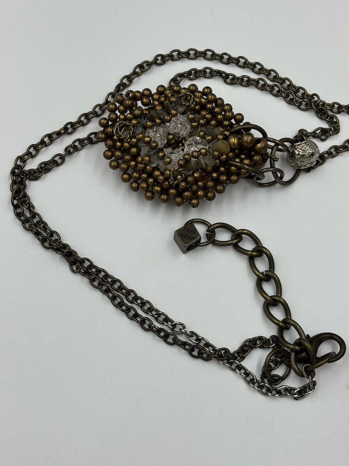 Pam Miran Vintage Signed Wooden Beaded Lariat Brass Tone Lang Necklace