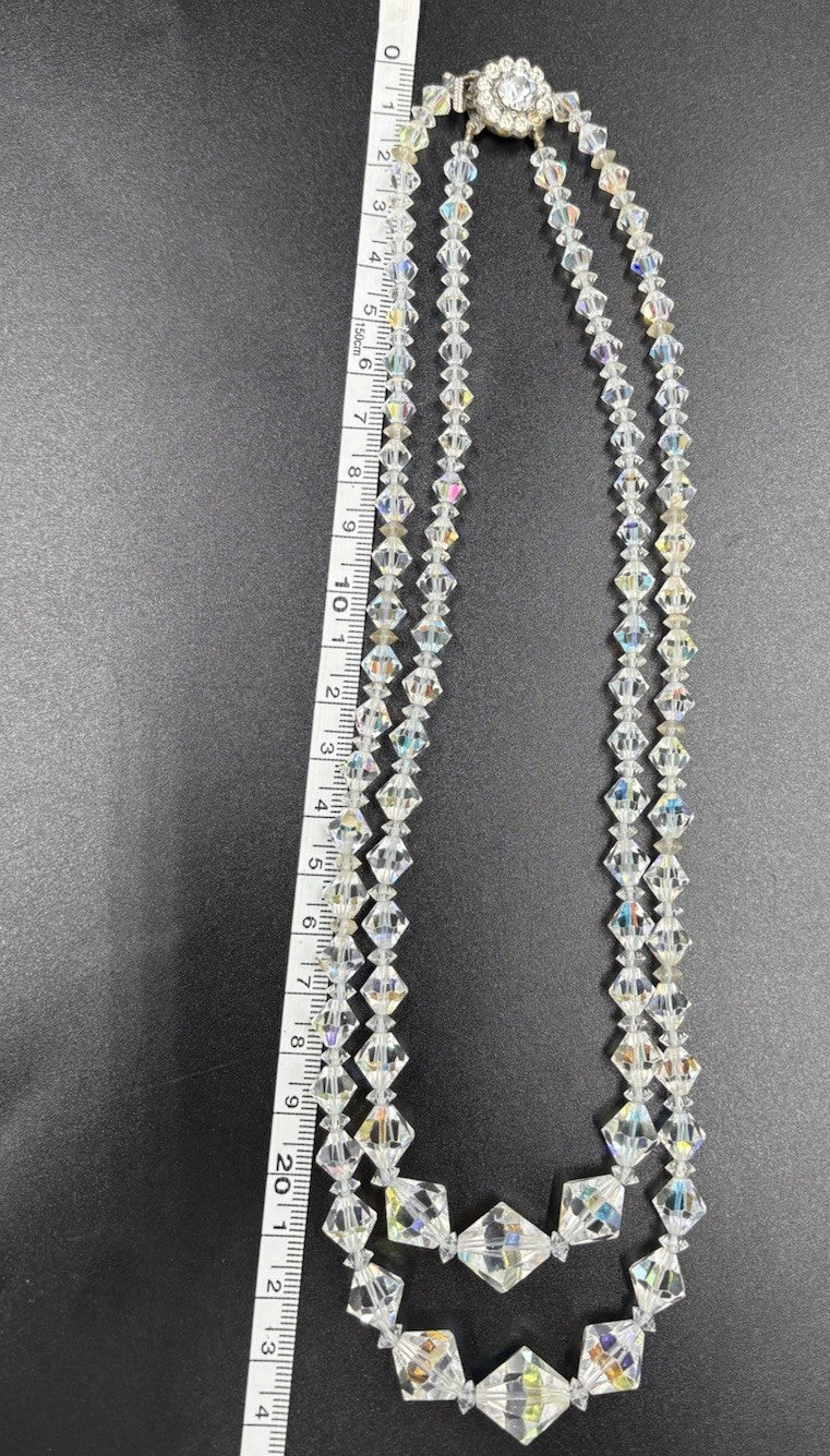 Vtg Double Strand Sparkling Aurora Borealis AB Glass Crystal Necklace & Earrings