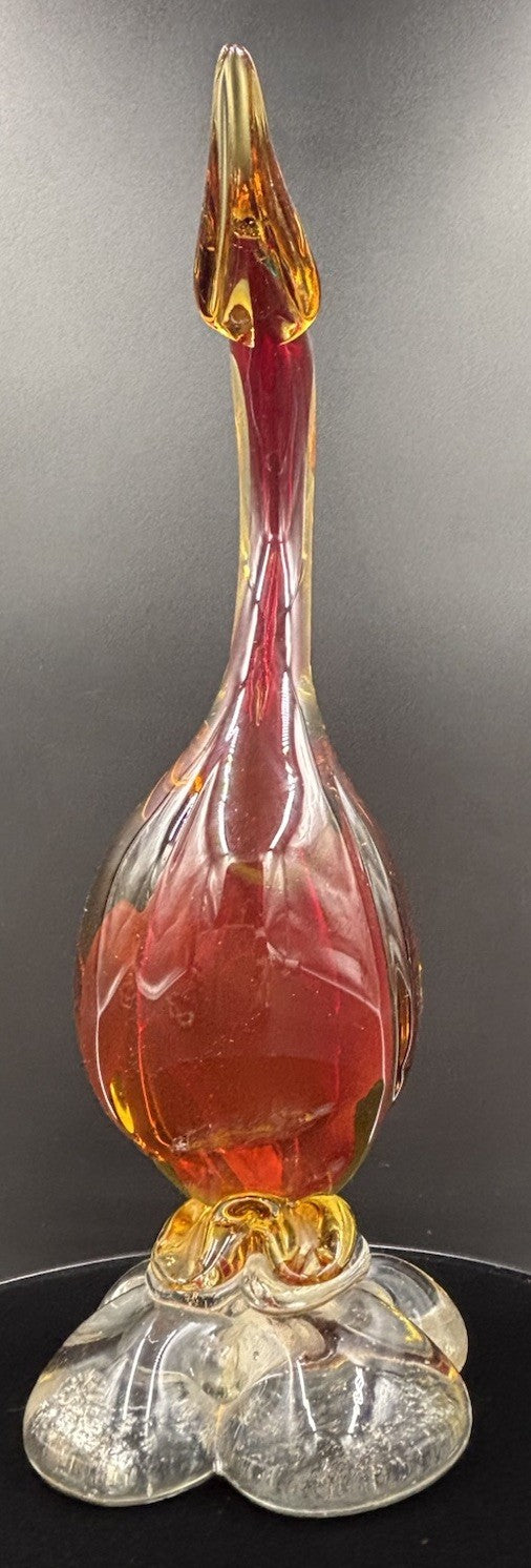 Vintage Murano Art Glass Duck Figurine Statue Red Amber & Clear 26cm In Height.