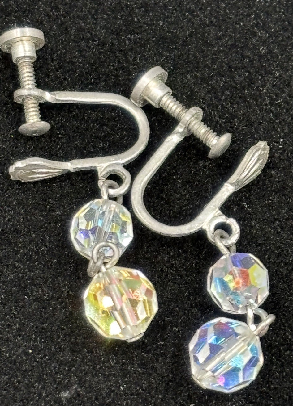 Vintage 1950s Aurora Borealis Crystal Necklace & Earrings Set Tassel Drop