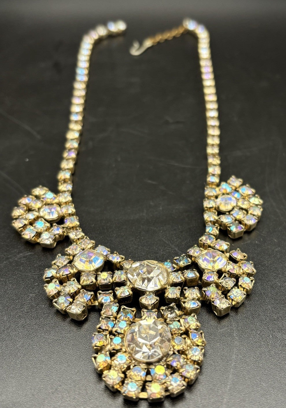 Vintage Aurora Borealis Rhinestone Statement Necklace Gold Tone Mid Century