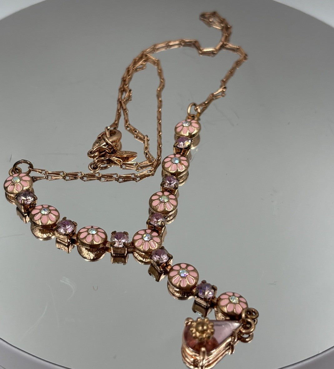 Avon Pink Enamel Daisy Y Drop Necklace Rose Gold Tone Rhinestone Vintage Signed