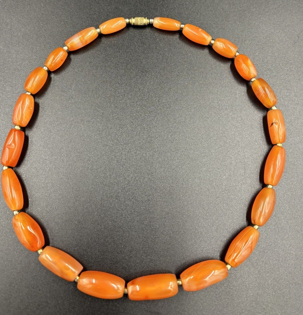 Vintage Orange Art Glass Necklace Swirled Barrel Beads, Mid-Century