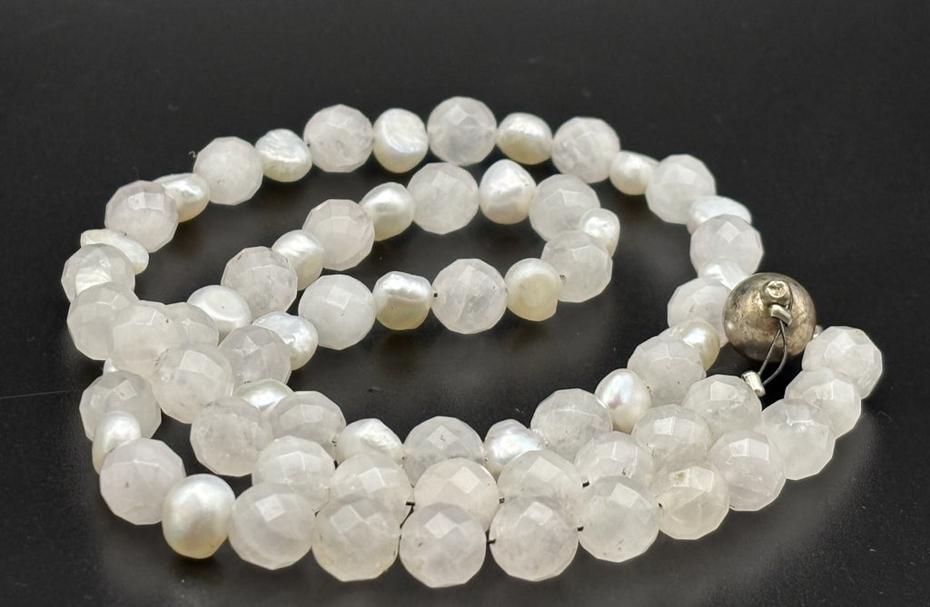 Rose Quartz & Genuine Pearl Faceted Gemstone Strand Necklace
