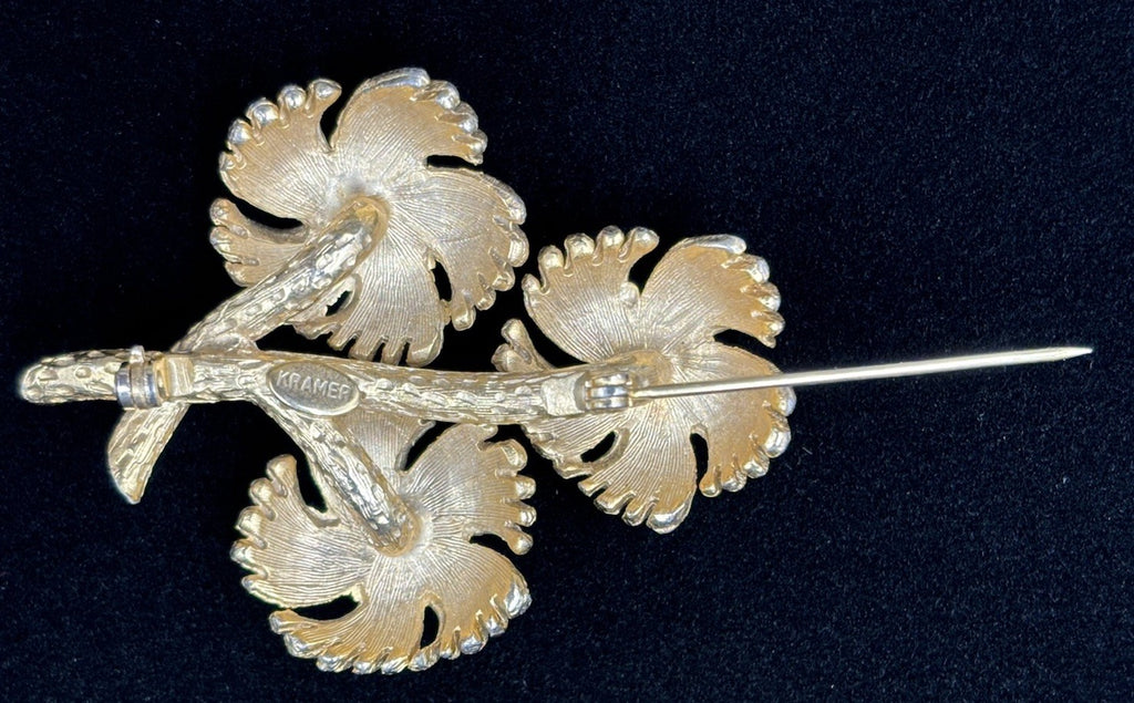 Vintage Kramer Signed Floral Rhinestone Brooch Gold Tone Spray Bouquet