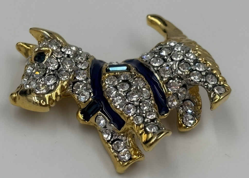 Vintage Crystal Terrier Dog Brooch Gold Tone Blue Enamel 3.5cm