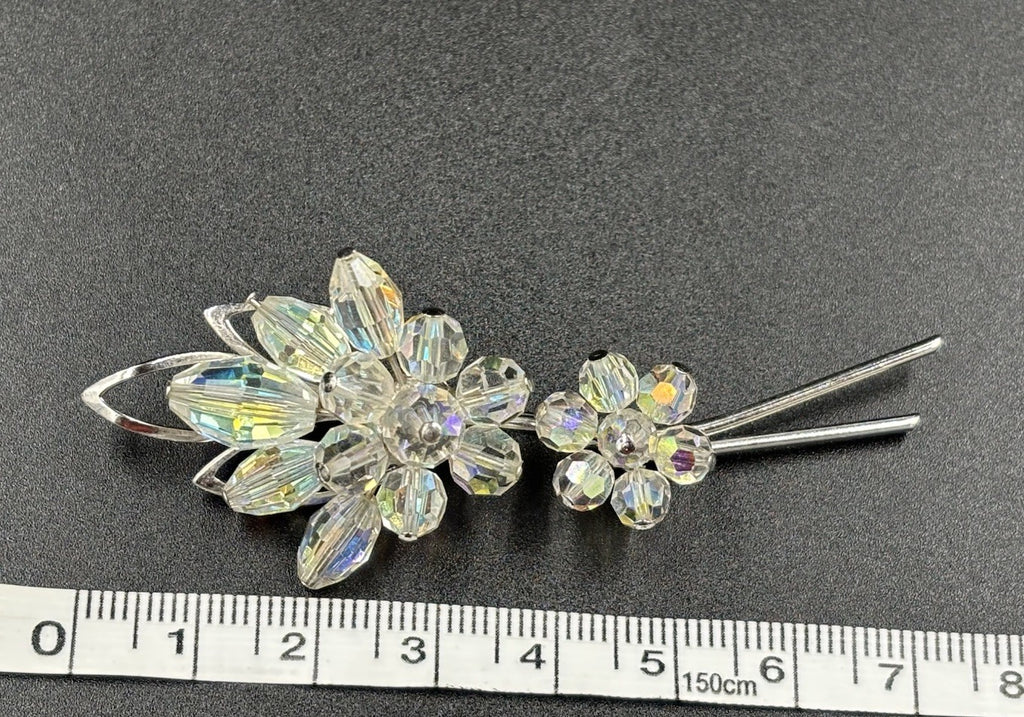 Aurora Borealis Glass Clear Crystal Brooch Flowers Gold Tone  Silver Tone