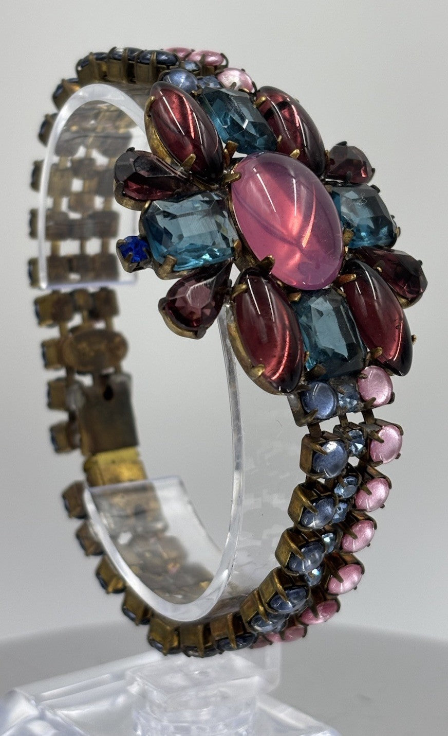 Husár D Pink Cabochon Aqua Garnet Rhinestone Bracelet Signed Czech Glass Rare