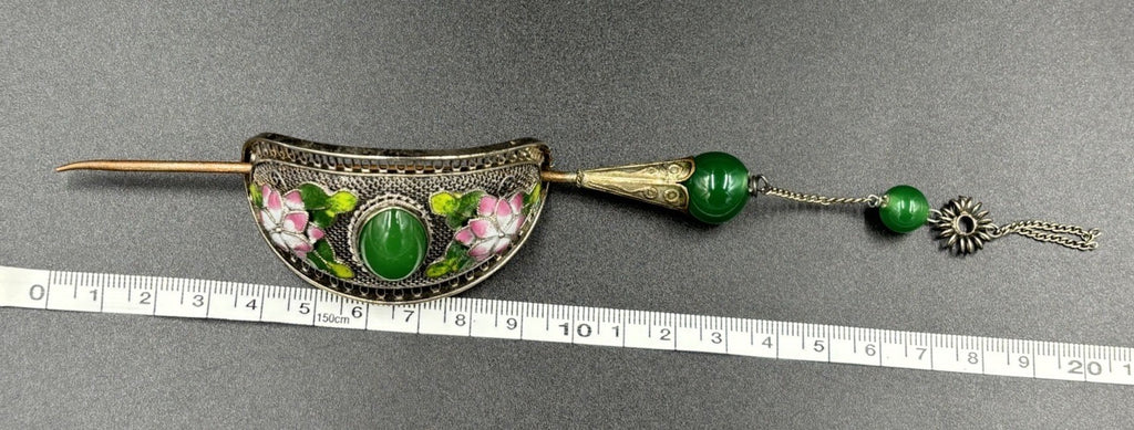 Vintage Chinese Filigree Enamel Hairpin Green Peking Glass Cabochon Beads