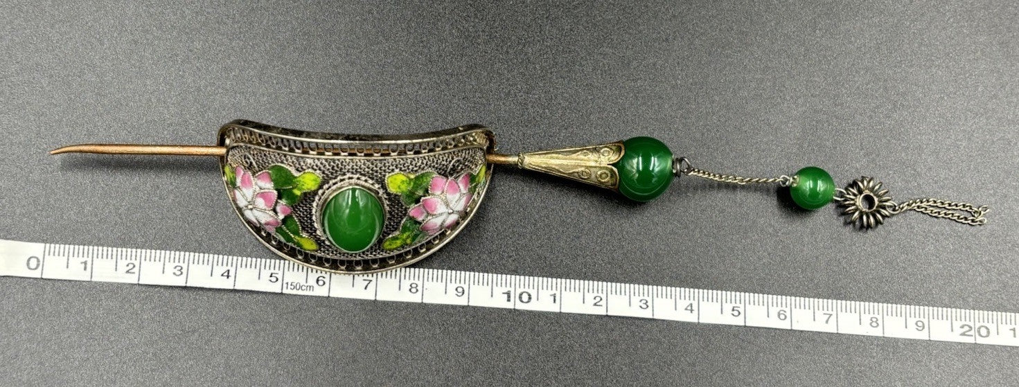 Vintage Chinese Filigree Enamel Hairpin Green Peking Glass Cabochon Beads