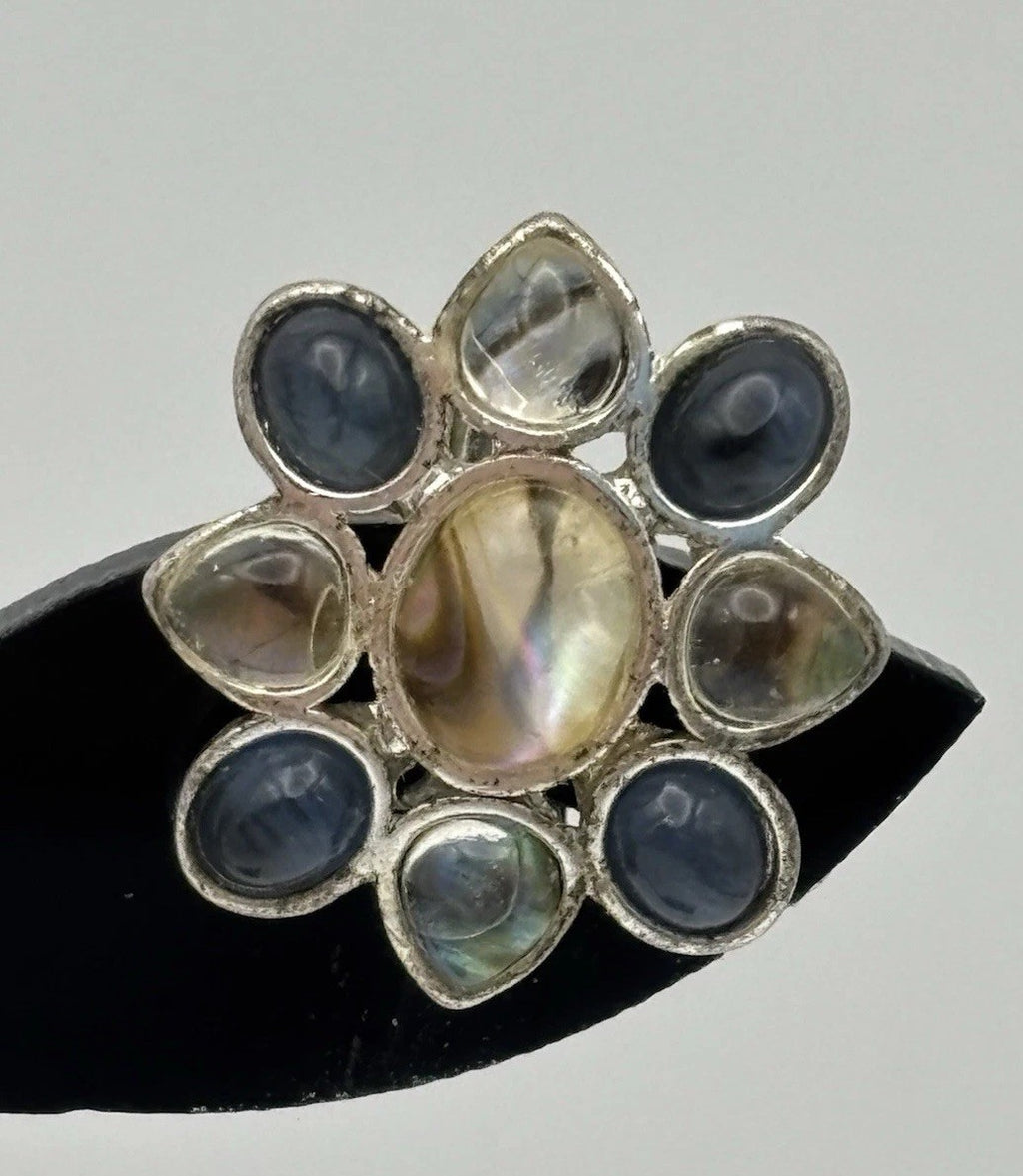 Vintage Monet Floral Clip On Earrings Silver Tone Abalone Blue Glass Signed