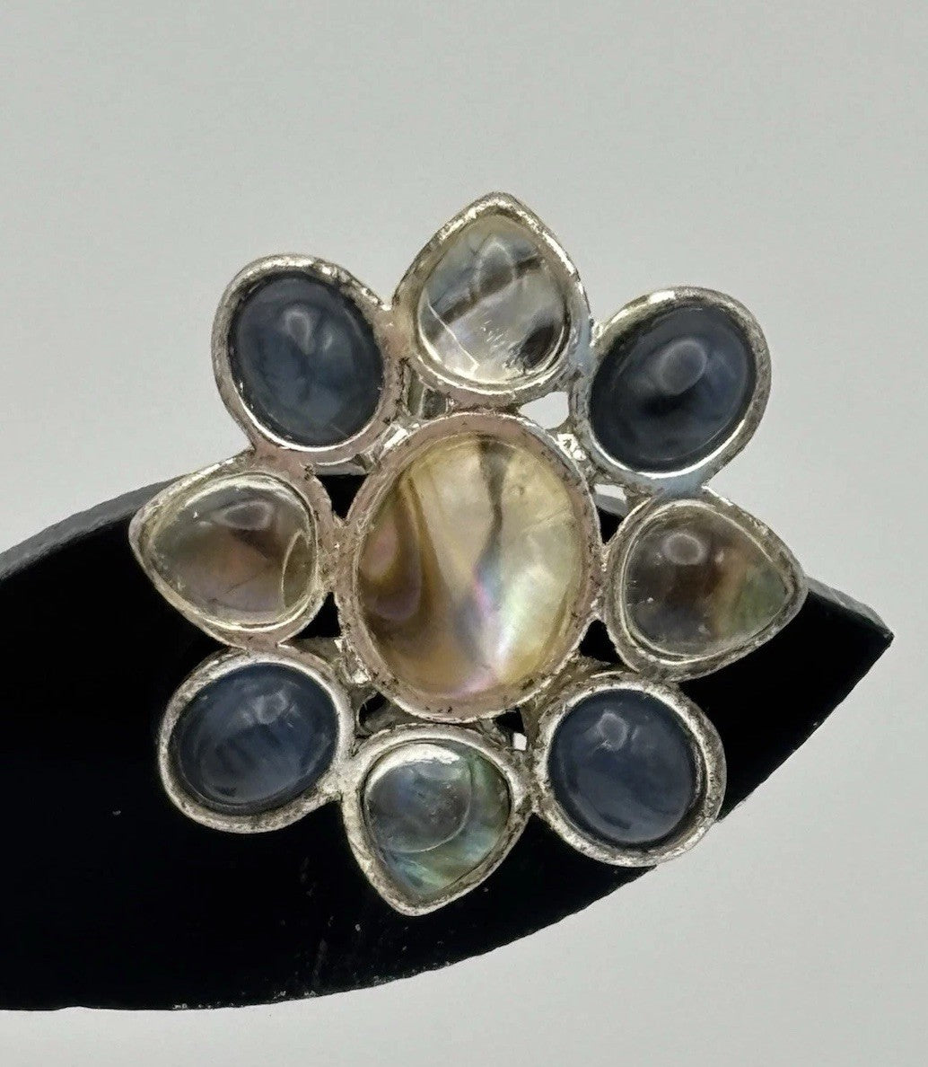 Vintage Monet Floral Clip On Earrings Silver Tone Abalone Blue Glass Signed
