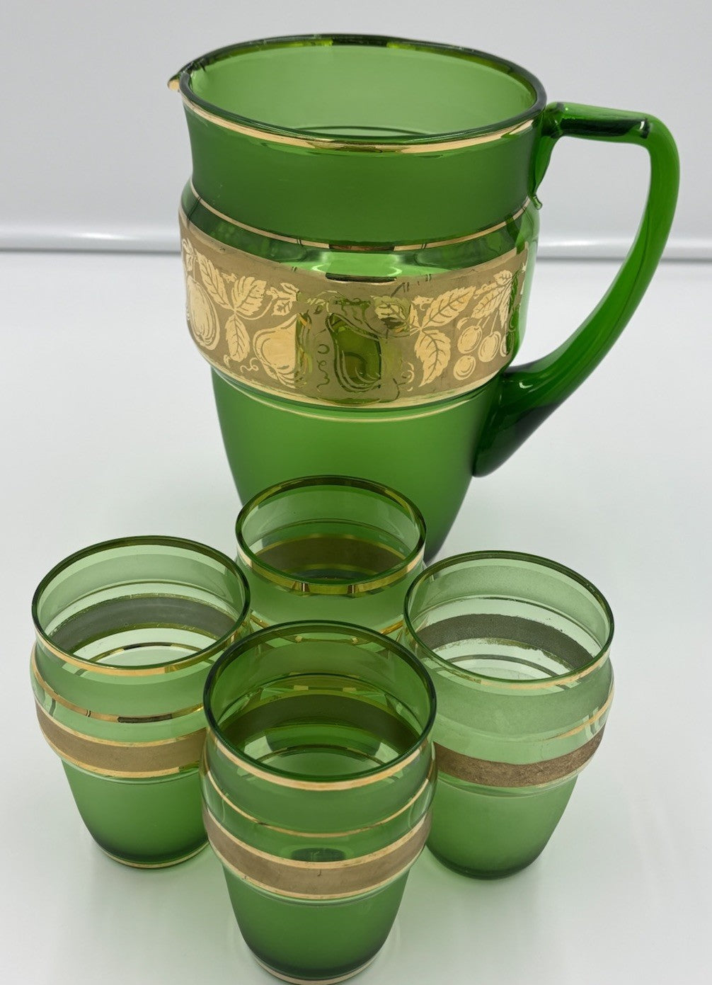 Vintage 1950s Bohemian Green Glass Pitcher & Tumbler Set Gold Fruit Band 5pc