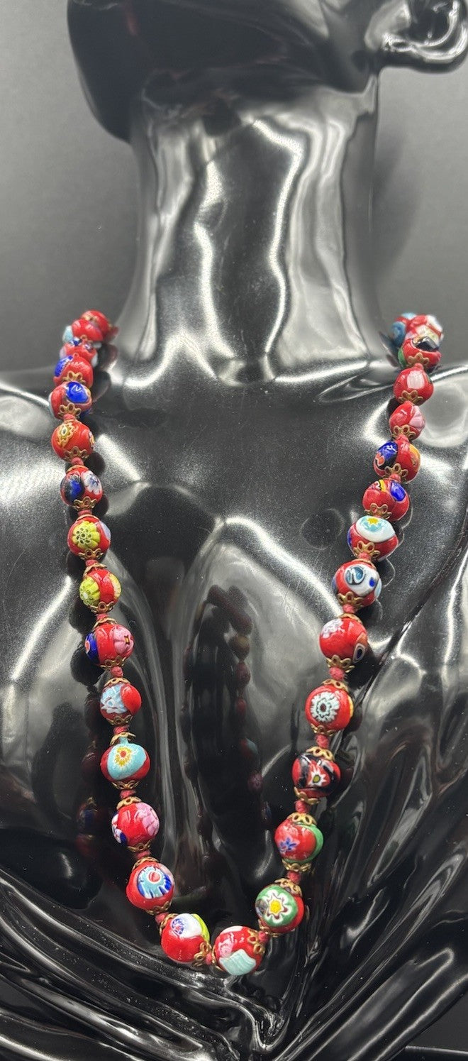 Vintage Murano Millefiori Glass Necklace Red Beads Venetian 1950s Italy
