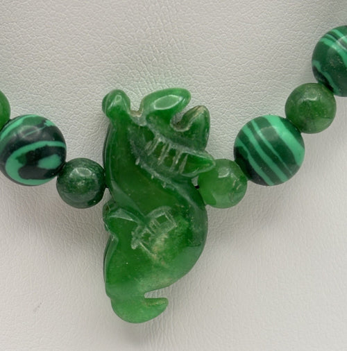 Vintage Malachite Bead Necklace with Carved Jade Dragon Pendant & Accents